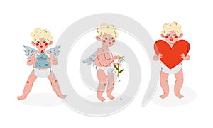 Cute Blond Cupid Boy Holding Red Heart and Plucking Camomile Petals Vector Set