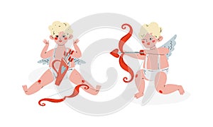 Cute Blond Cupid Boy Sitting with Bow and Arrow Vector Set
