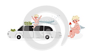 Cute Blond Cupid Boy Sitting on Limousine and Holding Arrow Vector Set