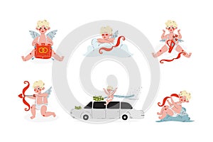 Cute Blond Cupid Boy with Wedding Rings, Bow Sitting on Cloud, Shooting and on Top of Limousine Vector Set