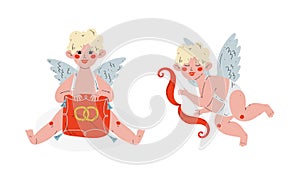 Cute Blond Cupid Boy with Wedding Rings and Bow Vector Set
