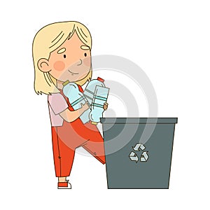 Cute Blond Girl Carrying Plastic Bottles in Trash Bin for Recycling Vector Illustration