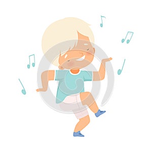 Cute Blond Girl Dancing, Adorable Kid Having Fun and Enjoying Listening to Music Cartoon Vector Illustration