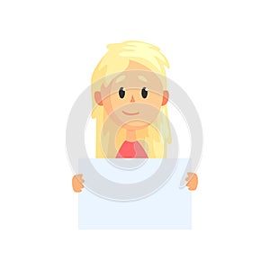 Cute blond girl with piece of empty paper in hands. Cartoon teenager character showing blank placard with place for text