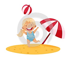 Cute Blond Girl at Sea Shore Wearing Swimsuit Playing with Ball on Sand Vector Illustration