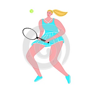 Blond-haired girl playing tennis in a blue skirt. Vector illustration in the flat cartoon style.