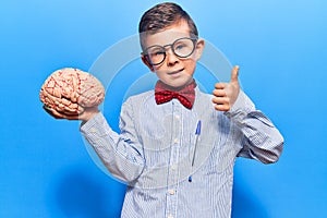Cute blond kid wearing nerd bow tie and glasses holding brain smiling happy and positive, thumb up doing excellent and approval