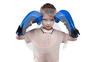 Cute blond little boy with boxing gloves