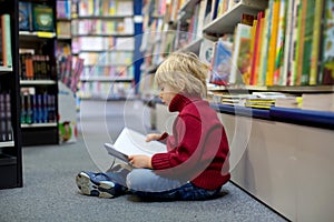 Cute blond toddler child, boy, reading book in a book store