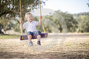 Cute blond toddler on the swing