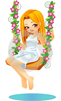 Cute blond vector cartoon girl sitting on a floreal swing
