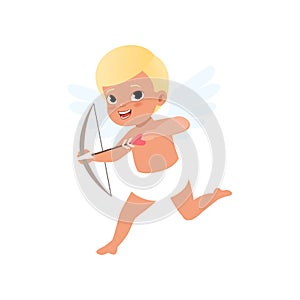 Cute blonde baby Cupid character shooting a bow, Happy Valentines Day concept vector Illustration