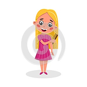 Cute Blonde Girl Brushing her Long Hair, Good Kids Behavior and Habits Cartoon Style Vector Illustration