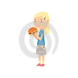 Cute Blonde Girl Eating Hamburger, Child Enjoying Eating of Fast Food Vector Illustration