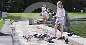 Cute blonde girl feeding pigeons at the lake in a park.