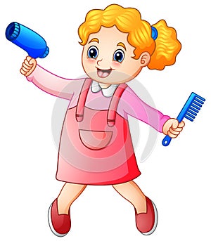 Cute blonde girl hairdresser with comb and hairdryer