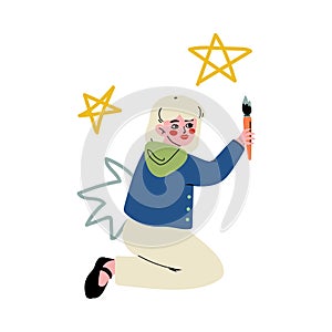 Cute Blonde Girl Painting Stars on Wall with Color Paints and Brush Vector Illustration