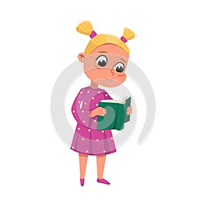 Cute Blonde Girl Reading Book while Standing, Preschooler Kid or Elementary School Student Enjoying Literature Cartoon