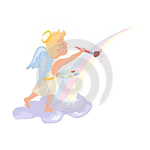 Cute blonde hair angel boy painting rainbow