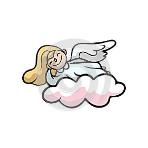 Cute blonde hair angel smiling on pink cloud