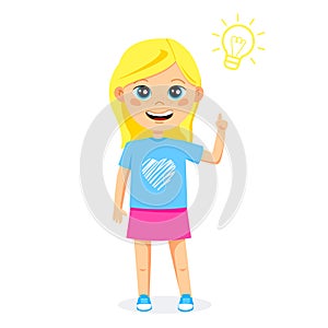 Cute blonde kid girl thinks an idea. Vector.