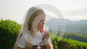 cute blonde little girl is blowing dandelion in summer day