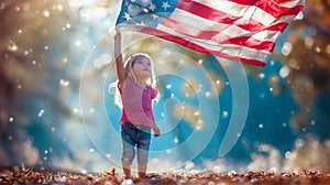 A cute blonde little girl in blue jeans holds a large American flag in her hands above her head against the background