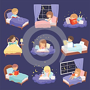 Cute Blonde Little Girl Lying on Clouds and their Beds at Night and Reading Bedtime Stories Collection Cartoon Vector
