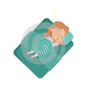 Cute Blonde Little Girl Sleeping Sweetly in her Bed under Blanket, Bedtime, Sweet Dreams of Adorable Kid Concept Cartoon