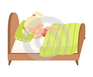 Cute Blonde Little Girl Sleeping Sweetly in Her Bed under Blanket Vector Illustration