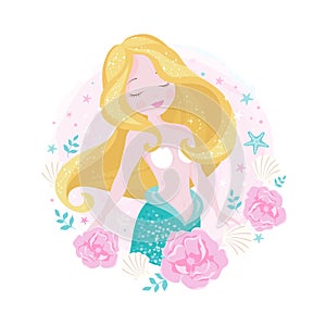 Cute blonde Mermaid. Beautiful mermaid with pink flowers, shells and leaves. Illustration for t shirts and fabrics or kids fashion