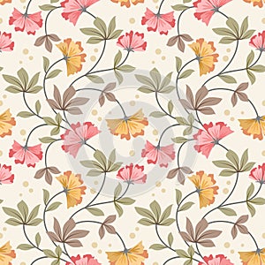 Cute blooming flowers and leaf in vintage color seamless pattern.