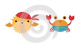 Cute Blowfish and Crab as Sea Animal in Bandana and Striped Vest Floating Underwater Vector Set
