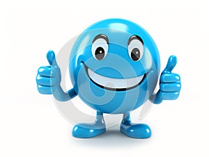 Cute blue 3D smiley character with thumbs up. Cute cartoon emoticon on white background