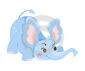 Cute Blue Baby Elephant Character Playing with Large Ear Flaps and Trunk Vector Illustration