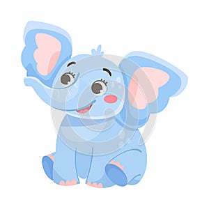 Cute Blue Baby Elephant Character Sitting with Large Ear Flaps and Trunk Vector Illustration