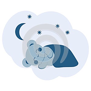 Cute blue bear in kawaii style sleeps under a blanket on a background with the moon and stars. Minimalistic card with blue