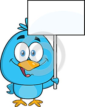 Cute Blue Bird Cartoon Character Holding Up A Blank Sign