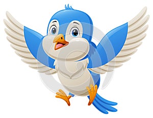 Cute blue bird cartoon flying on white background