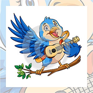 Cute blue bird cartoon singing while playing guitar