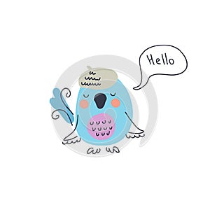 Cute blue bird say hello vector illustration. Hand drawn lilac breasted roller. Perfect for T-shirt, sticker