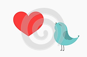 Cute blue bird singing with red heart