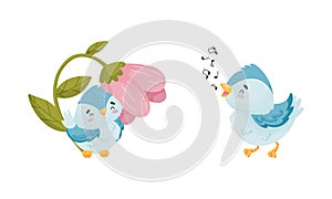 Cute Blue Bird Singing Song and Sitting Near Flower Vector Set. photo