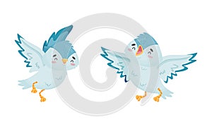 Cute Blue Bird with Spread Wings Tweeting Vector Set photo