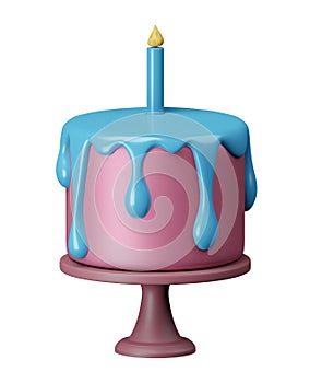 Cute blue birthday cake with a candle, 3D rendering.