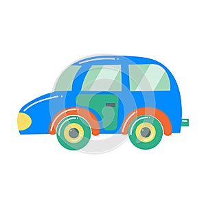 Cute blue car toy for children. Vector illustration isolated on white background