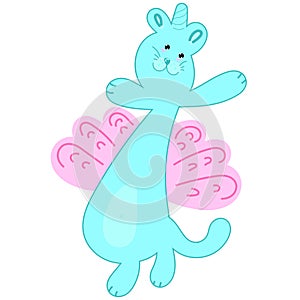 Cute blue cat with pink wings and unicorn horn, vector children illustration