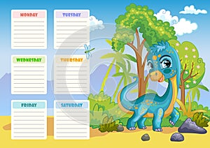 Cute blue dinosaur Diplodocus printable weekly planner vector