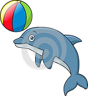 Cute blue dolphin cartoon playing beach ball