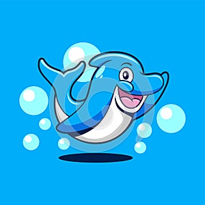 Cute Blue Dolphin cartoon wave hand